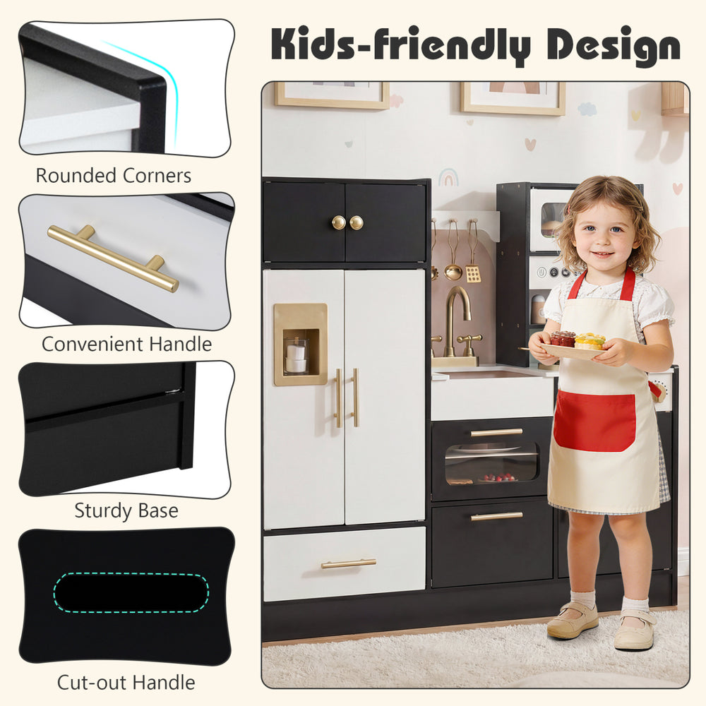 Kids play kitchen in black with realistic lights and sounds, featuring rounded corners and sturdy base for safe play.