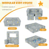 Modular kids couch in gray with removable cover, featuring various layouts for fun, comfort, and safety for ages 3+.