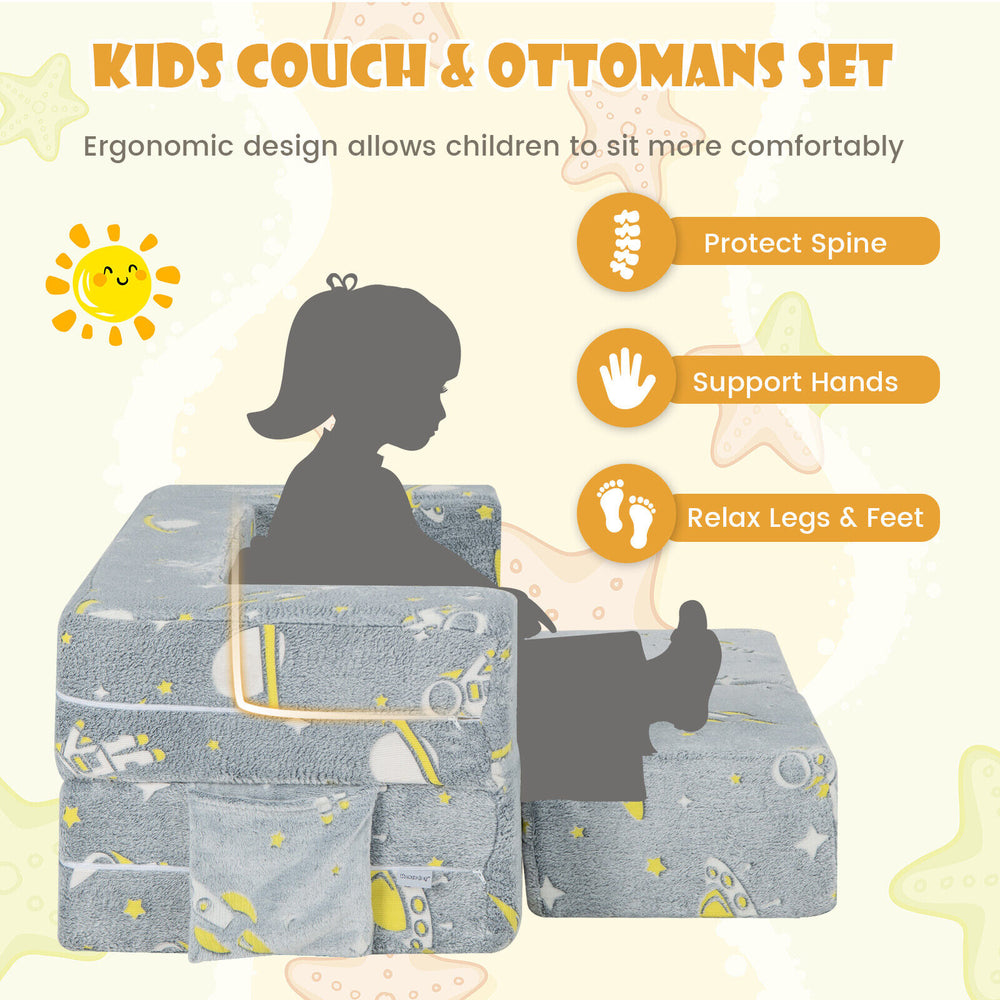 Kids play sofa with ottomans in gray, featuring ergonomic design and removable, machine washable covers for comfort.