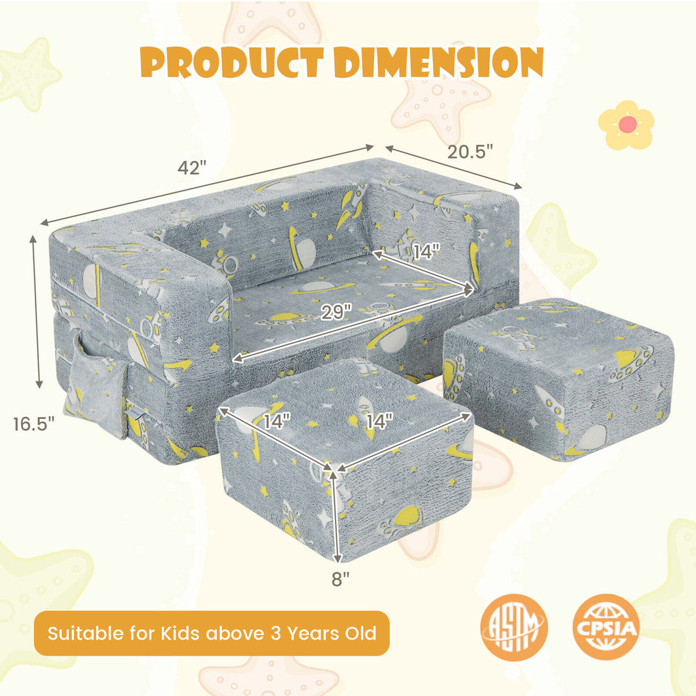 Kids play sofa with ottoman in gray, featuring removable washable cover, ergonomic design, and safe round edges.