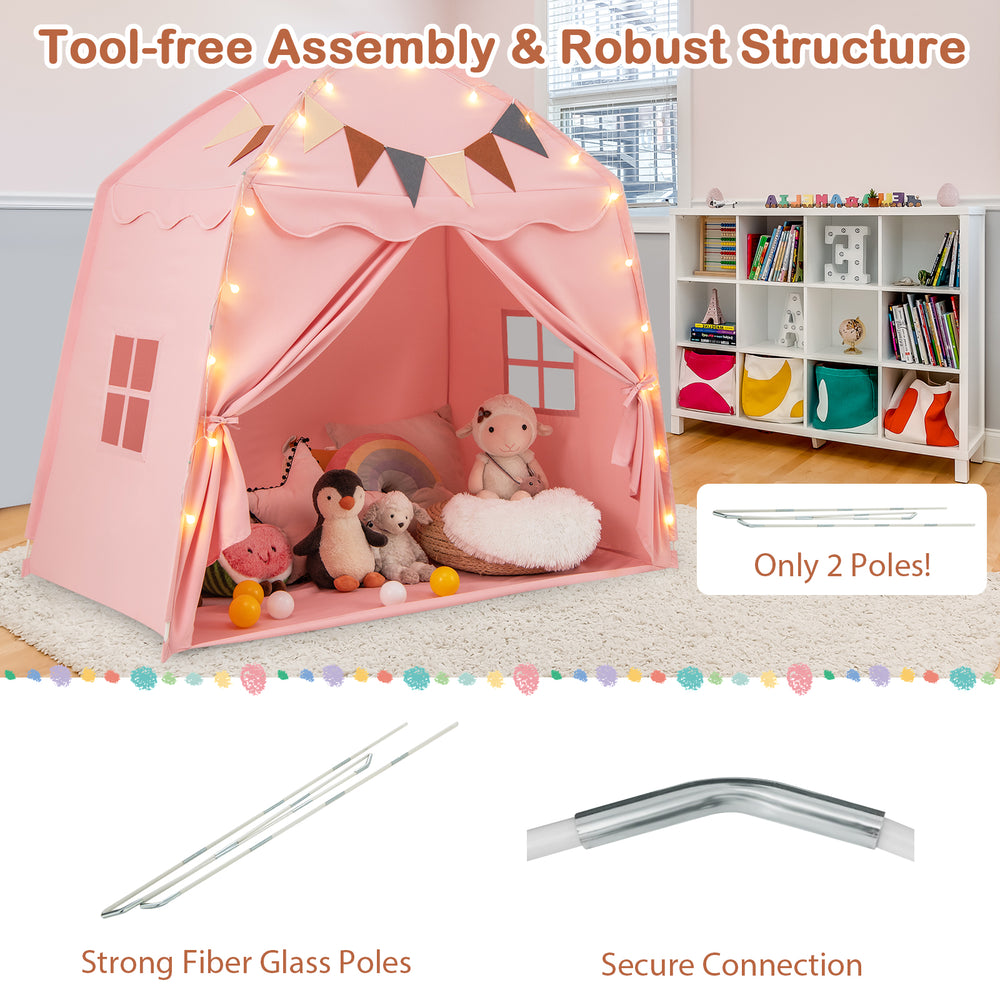 Extra large pink kids play tent with string lights, featuring breathable fabric and strong fiberglass poles for easy.