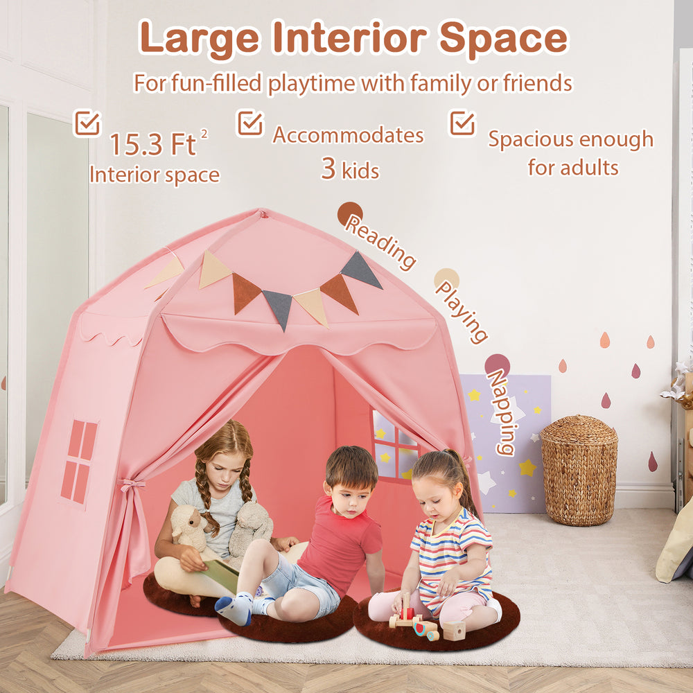 Extra large pink kids play tent with string lights, spacious for 3 kids, ideal for reading, playing, or napping.