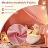 Close-up of pink machine-washable fabric for the Kids Play Tent, featuring breathable and wrinkle-resistant qualities.