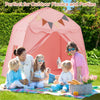 Extra large pink kids play tent with string lights and flags, perfect for outdoor picnics and parties.