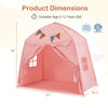 Pink kids play tent with boho design, string lights, and flags; spacious interior for playtime or as a bed tent.