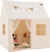 Kids play tent in beige with glow in the dark stars, featuring a roll-up door, mesh windows, and a padded mat for cozy.