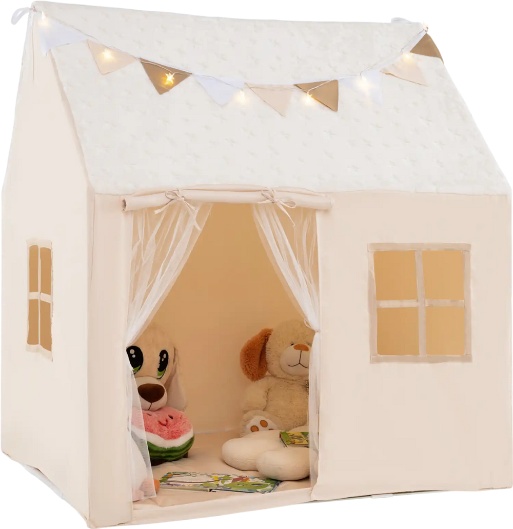 Kids play tent in beige with glow in the dark stars, featuring a roll-up door, mesh windows, and a padded mat for cozy.