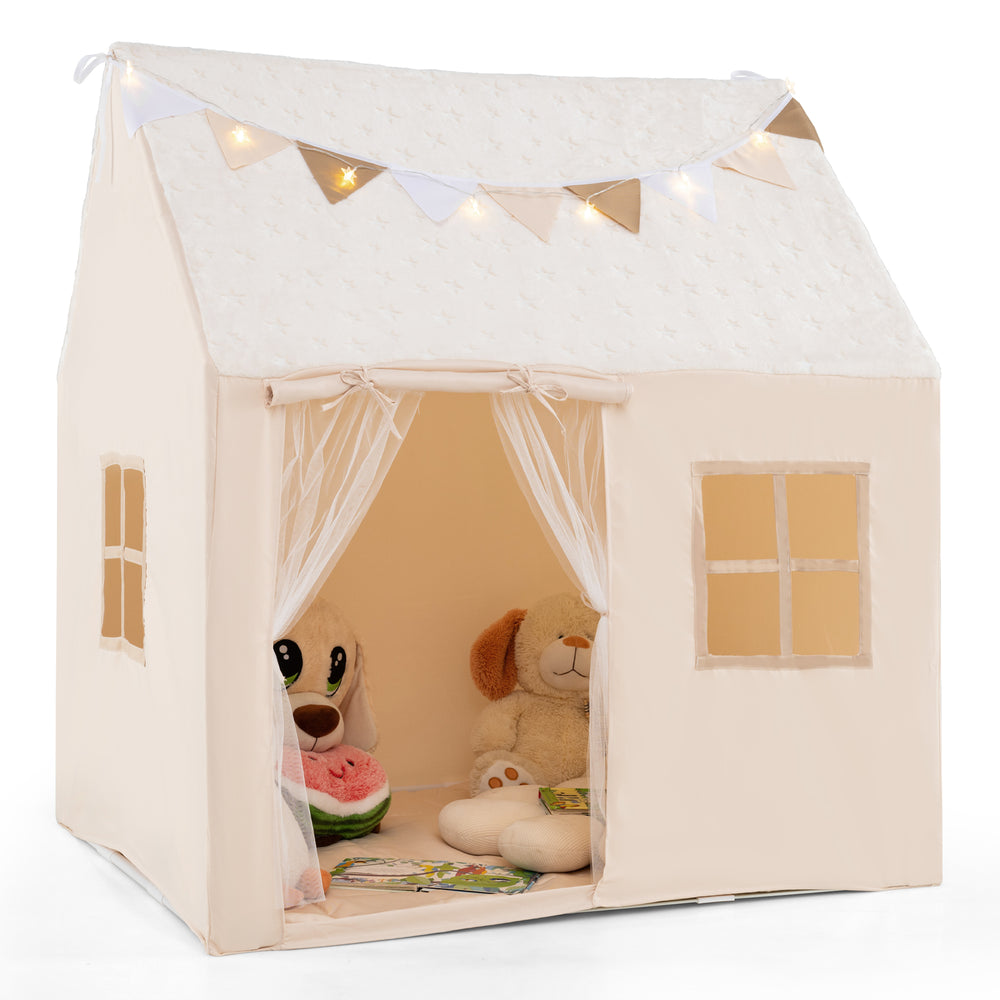 Kids play tent in beige with glow in the dark stars, featuring a roll-up door, mesh windows, and a padded mat for.