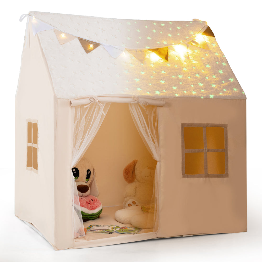 Kids play tent with glow in the dark stars, roll-up door, and cozy mat for versatile play and relaxation.