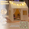 Kids play tent in beige with glow in the dark stars, warm white lights, and colorful flags for imaginative play.