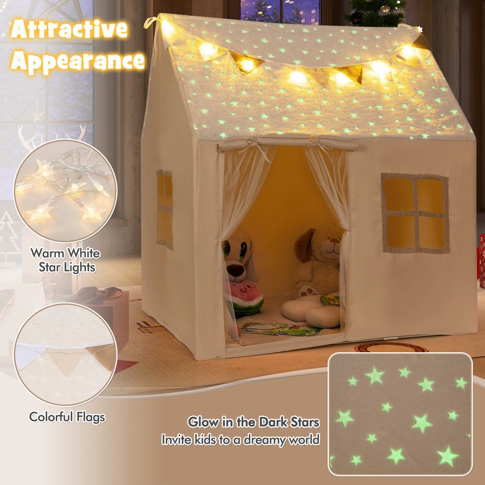 Kids play tent in beige with glow in the dark stars, warm white lights, and colorful flags for imaginative play.