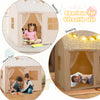 Kids play tent in beige with glow in the dark stars, ideal for sleeping, reading, and playing, featuring a roll-up door.