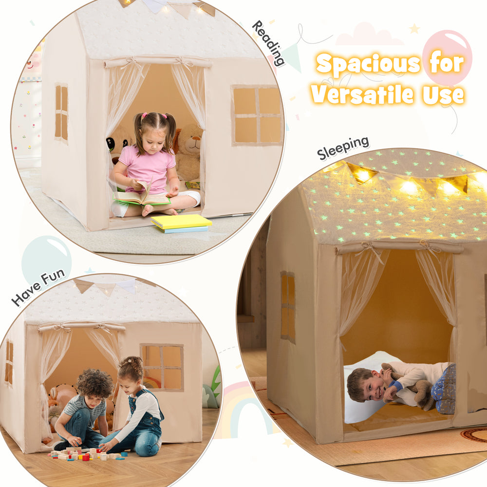 Kids play tent in beige with glow in the dark stars, ideal for sleeping, reading, and playing, featuring a roll-up door.