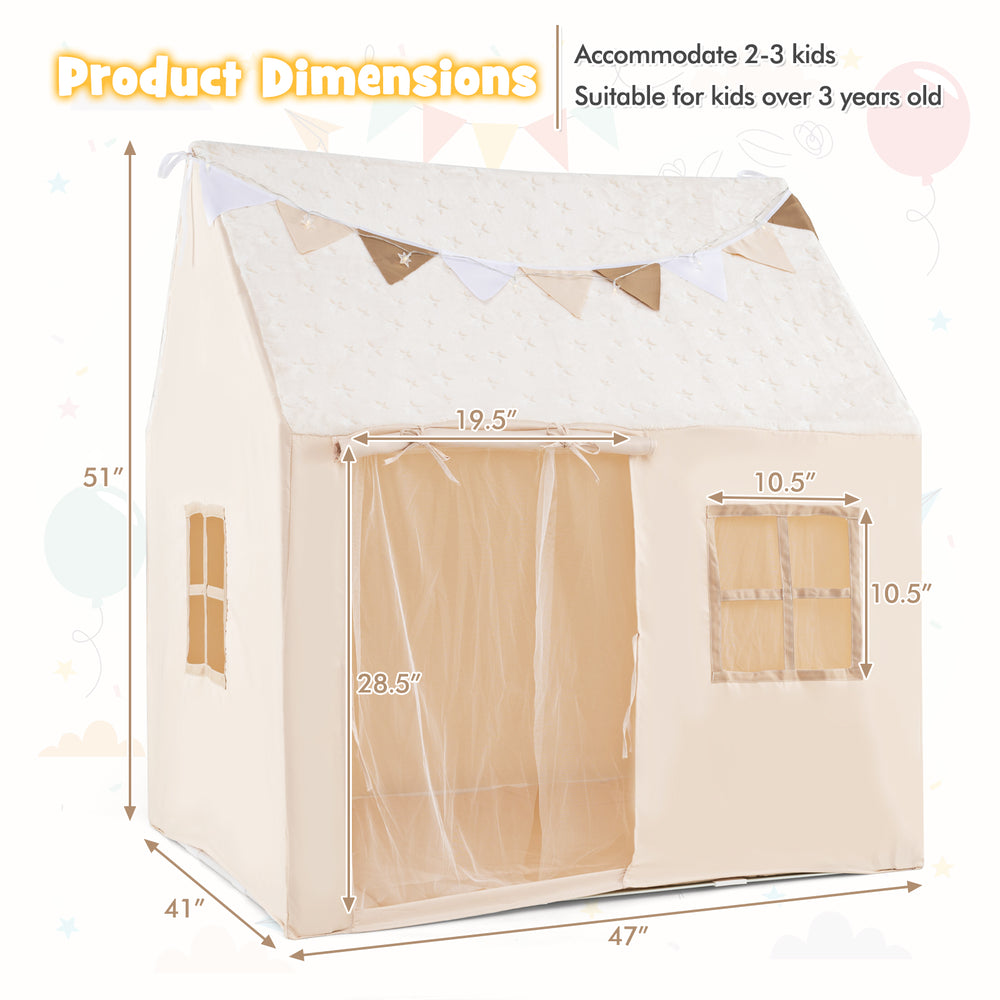 Kids play tent with beige fabric, glow in the dark stars, and roll-up door, perfect for indoor play and reading.