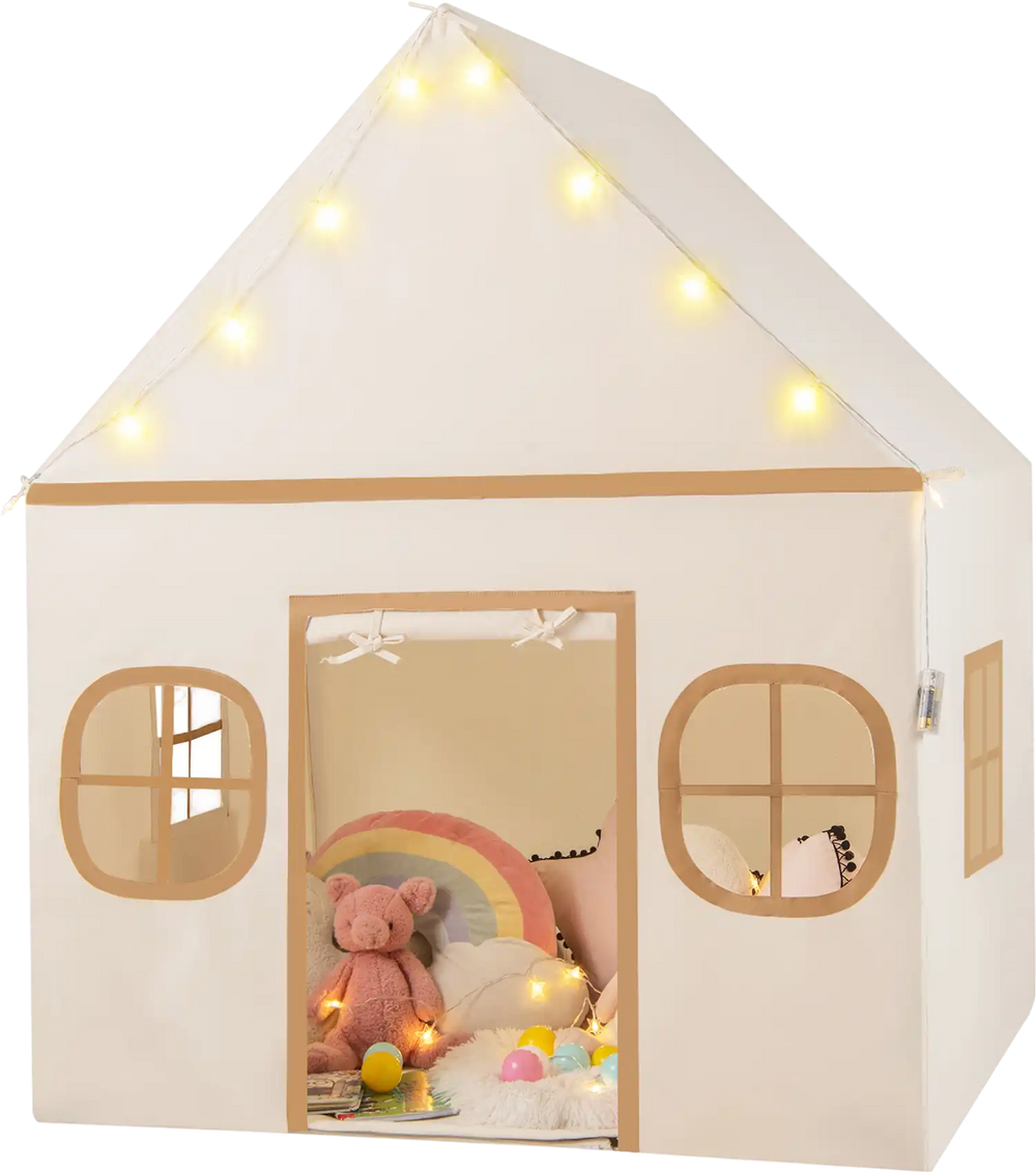 Kids play tent with door curtain and windows, featuring star lights, perfect for playrooms and reading nooks.