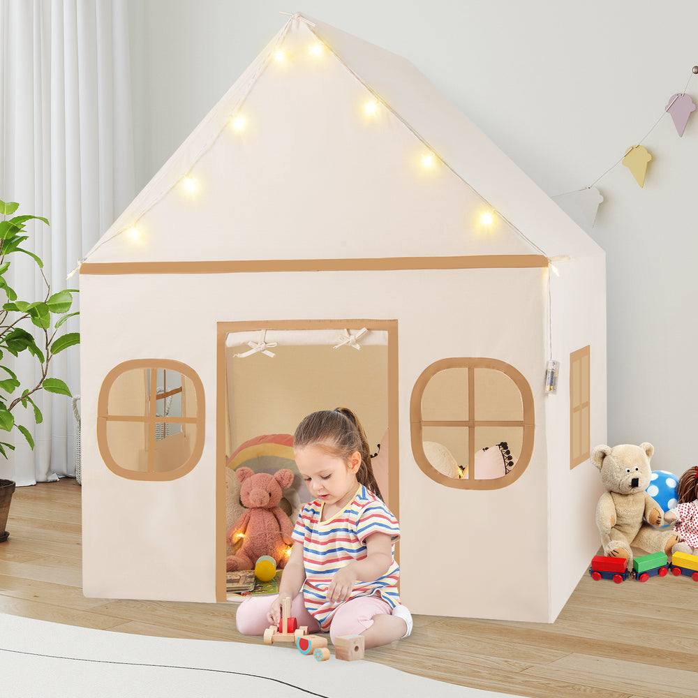 Kids play tent with door curtain and windows, featuring star lights, perfect for playrooms and children's rooms.