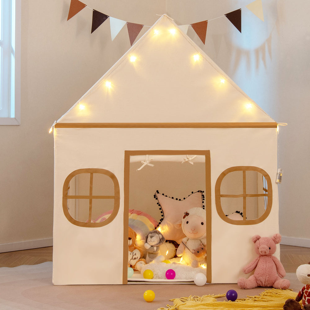 Kids play tent with star lights, featuring breathable windows and door curtain, ideal for a cozy reading nook or play.
