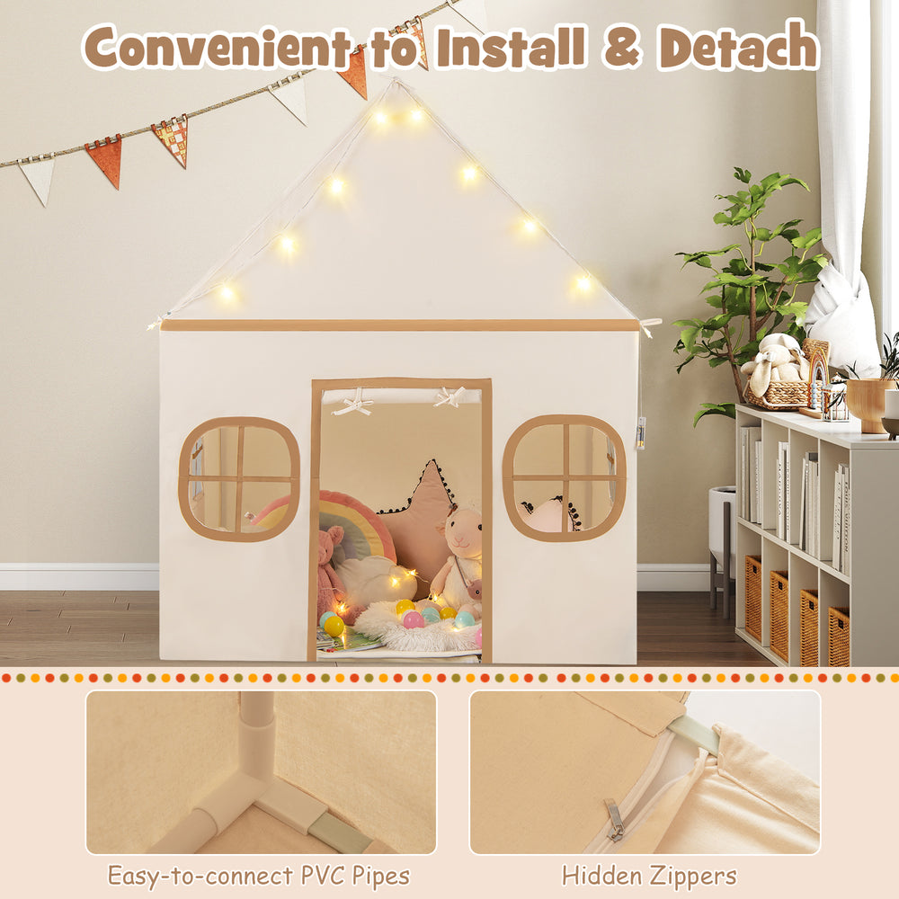 Kids play tent with door curtain and windows, made of machine-washable polyester cotton, ideal for playrooms and.