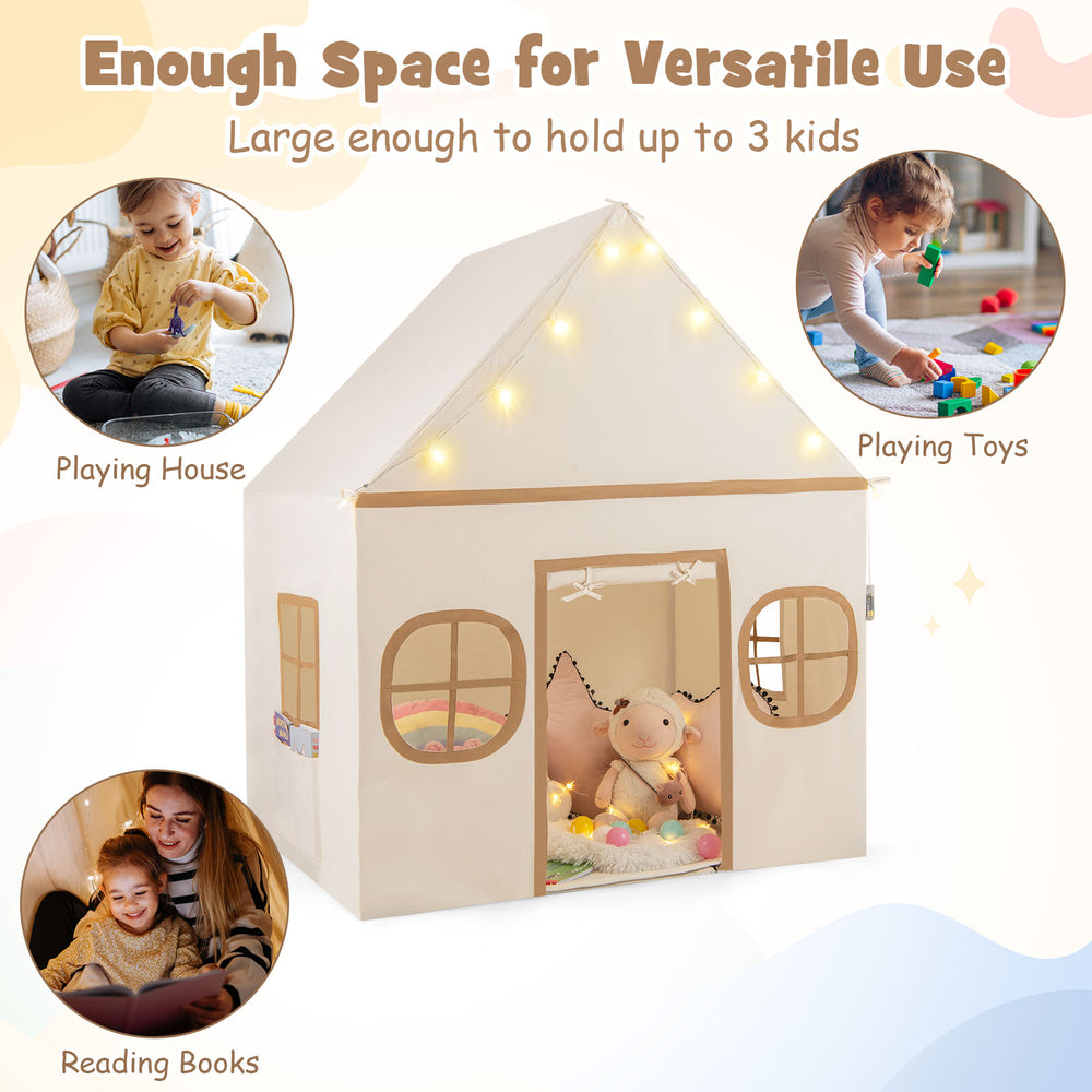 Kids play tent with door curtain and star lights, large enough for 3 kids, perfect for playtime or reading.