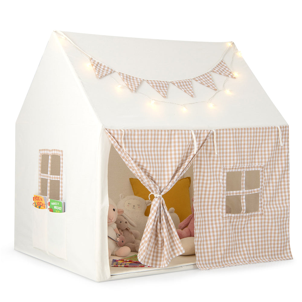 Kids play tent in beige with padded mat, breathable windows, and decorative curtains, perfect for playrooms or bedrooms.