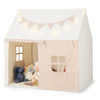 Kids play tent with beige fabric, padded mat, and breathable windows, perfect for playrooms or bedrooms.