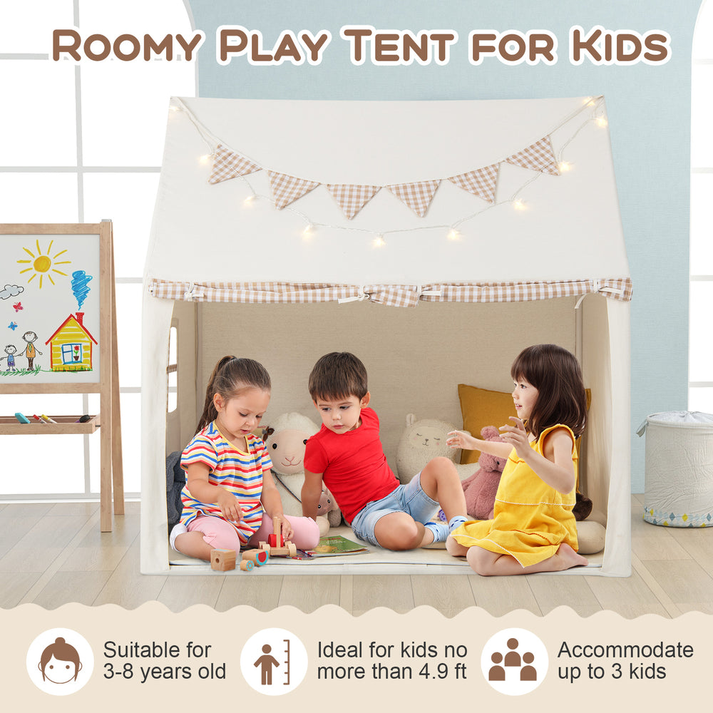 Large beige kids play tent with padded mat, accommodating up to 3 children, ideal for playrooms or bedrooms.