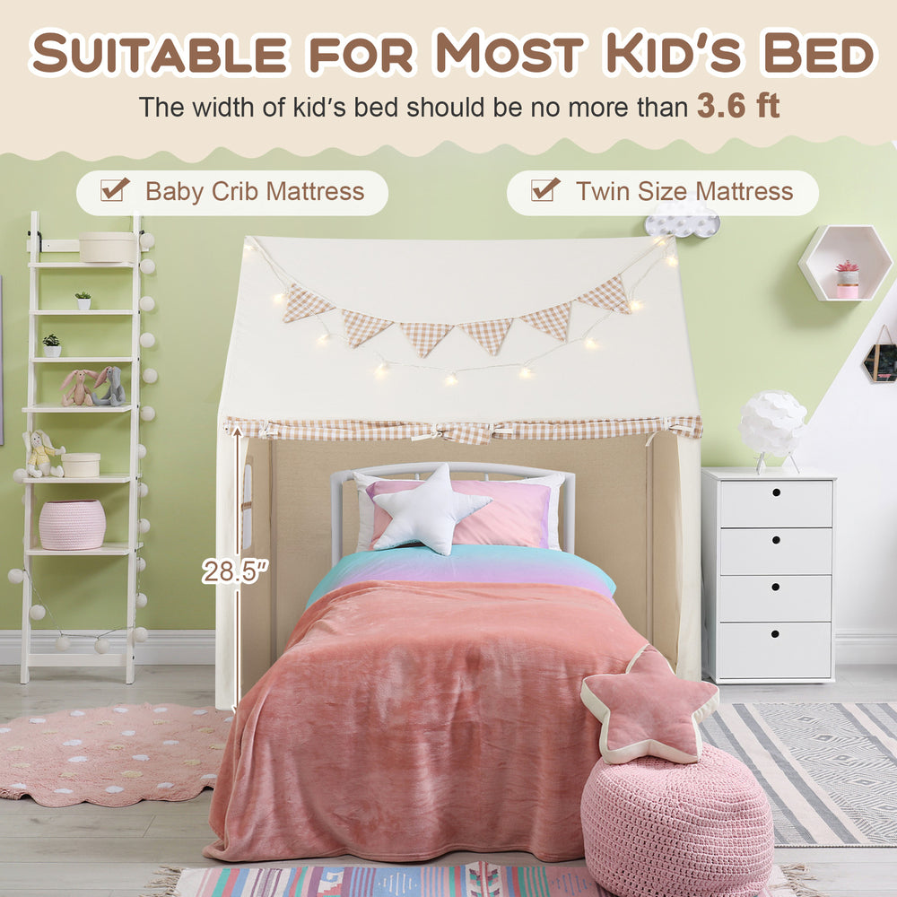 Kids play tent with padded mat, breathable windows, and 28.5" door height for cozy playtime in beige.