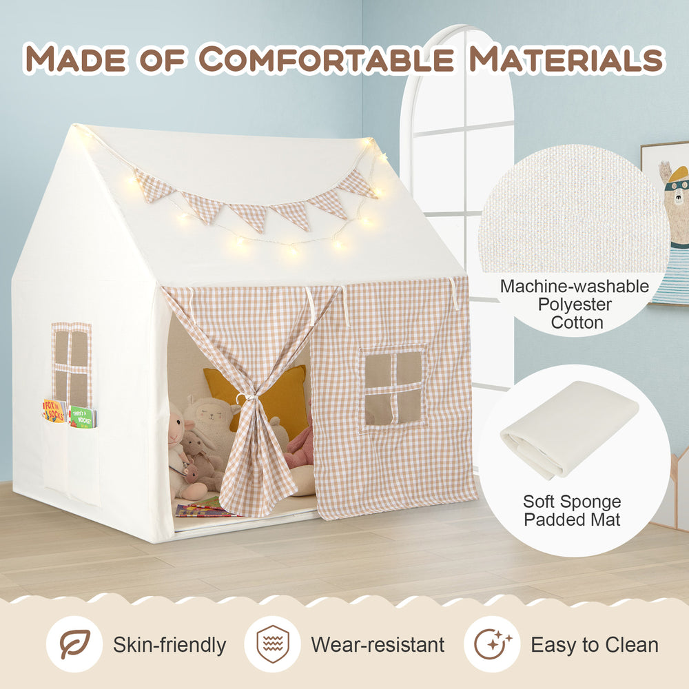 Kids play tent in beige with padded mat, breathable windows, and storage pockets, perfect for playrooms or bedrooms.