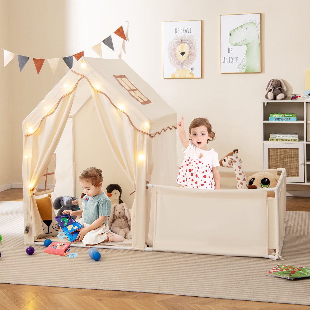 Kids play tent with playpen in beige, featuring breathable mesh windows and a cozy space for independent play.