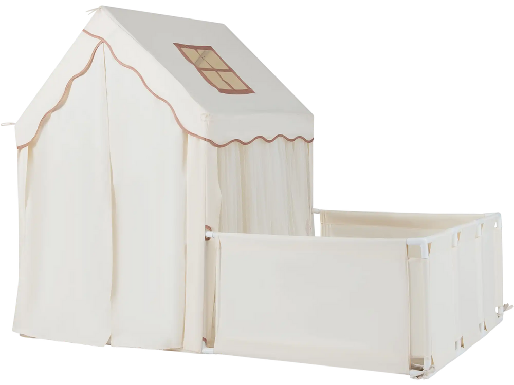 Kids play tent with playpen in beige, featuring a cozy design, breathable mesh windows, and removable mat for toddlers.