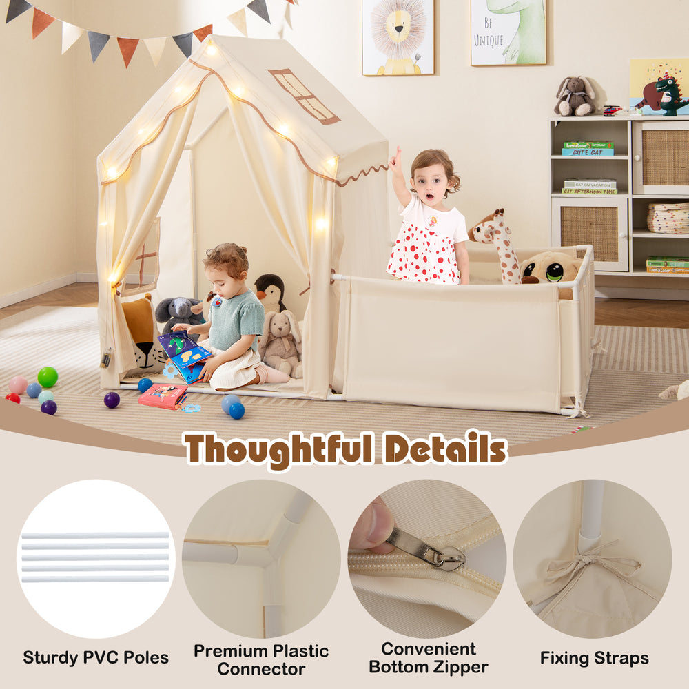 Kids play tent with beige playpen, featuring sturdy PVC poles, breathable mesh windows, and a cozy space for play.