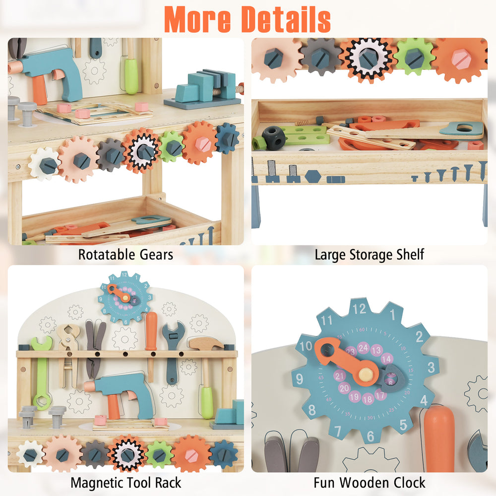 Kids play tool workbench featuring rotatable gears, magnetic tool rack, and large storage shelf for creative play.