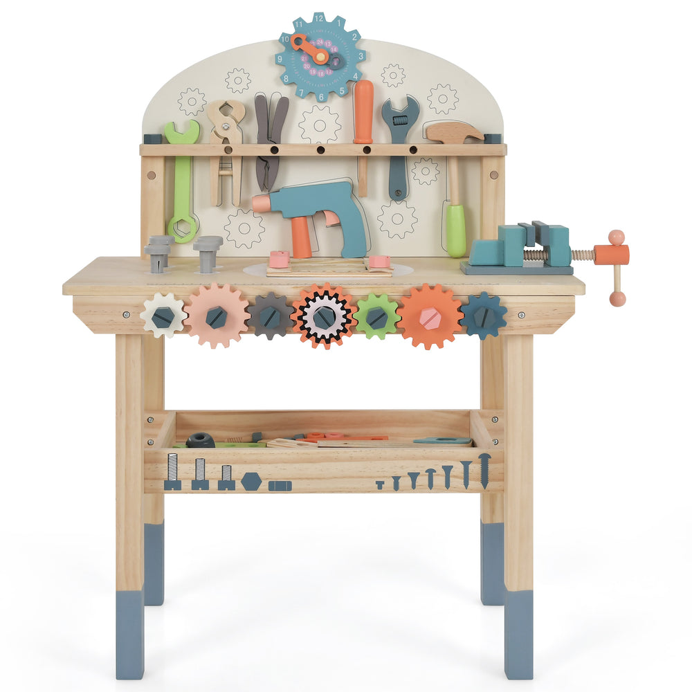Kids play tool workbench featuring 8 wooden tools, 55 accessories, and a magnetic tool rack for creative play.
