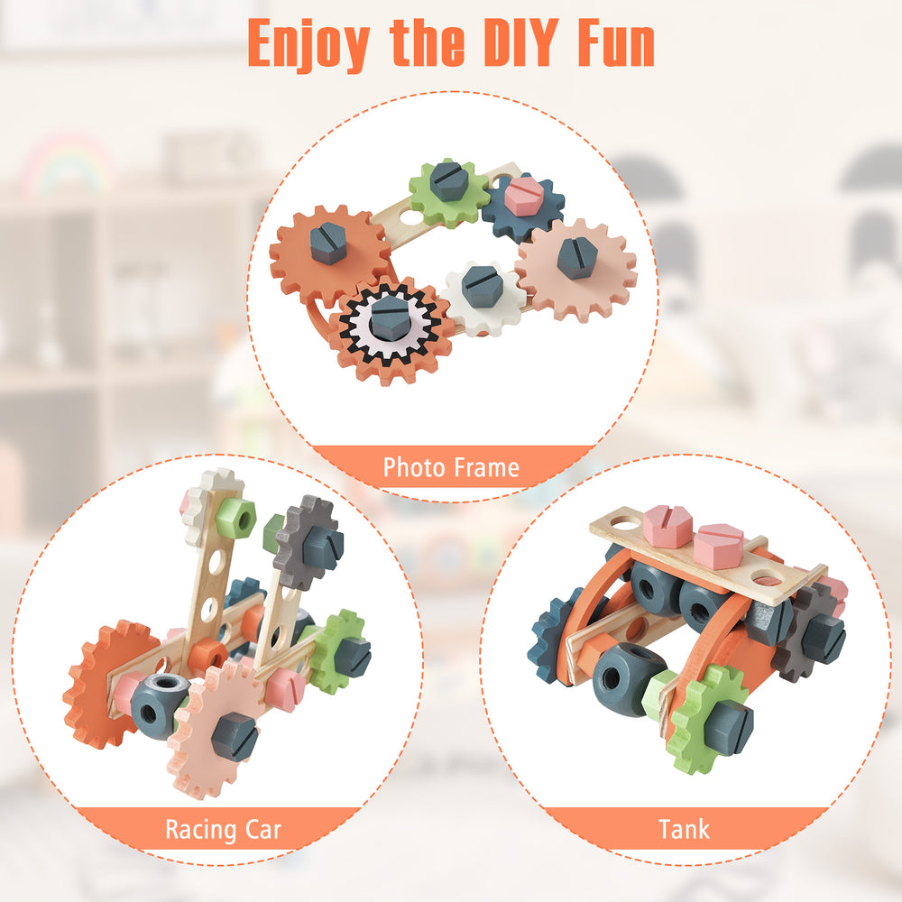 Colorful DIY toy accessories including a racing car, tank, and photo frame for kids' play tool workbench.