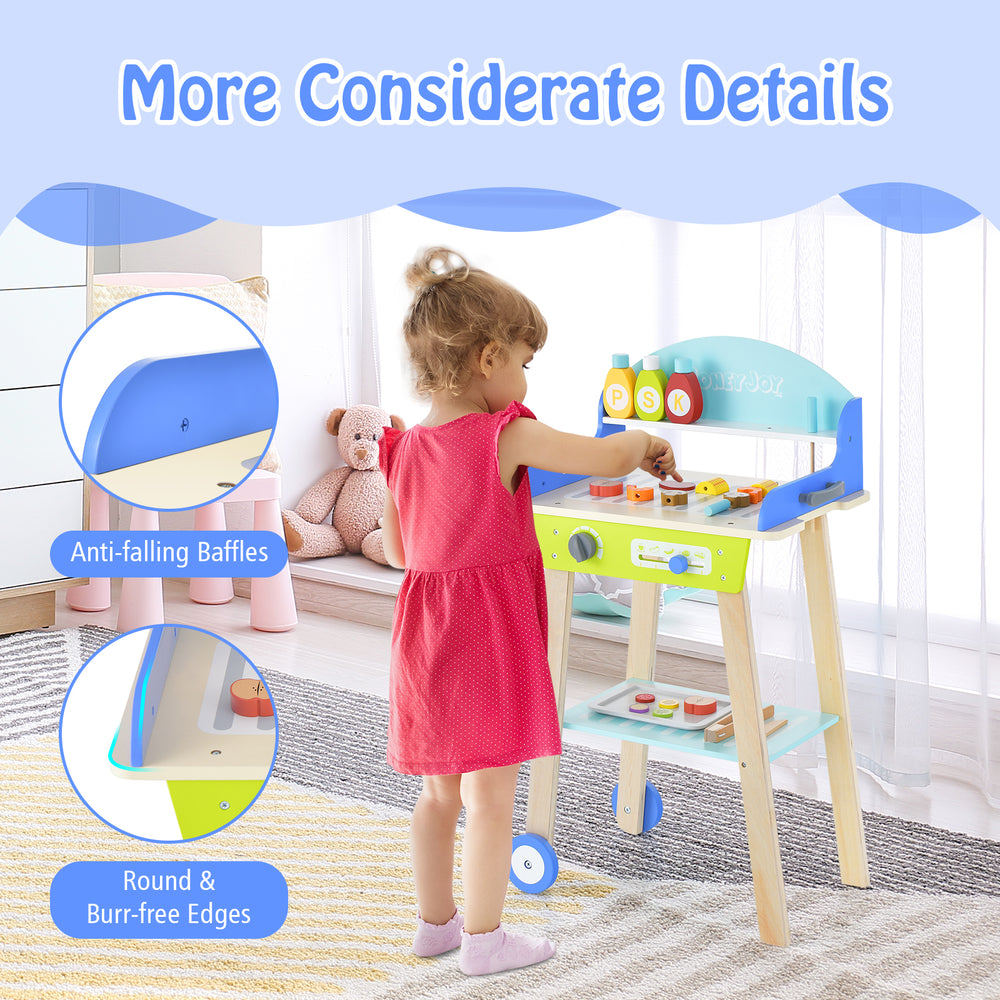 Kid's pretend barbecue grill play set with anti-falling baffles and round edges for safe, fun playtime.