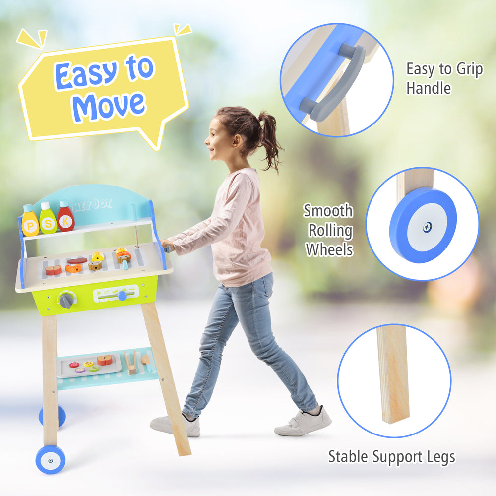 Kid's Pretend Barbecue Grill Play Set with rolling wheels, easy grip handle, and sturdy support legs for fun outdoor.