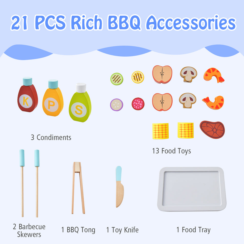 Kid's pretend barbecue grill play set with 21 BBQ accessories, including condiments, food toys, and utensils for.