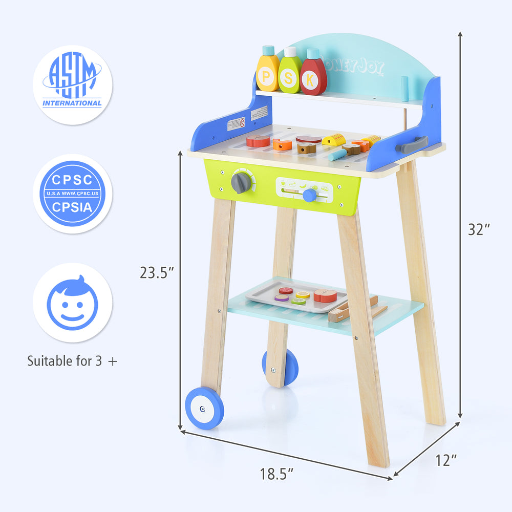 Kid's pretend barbecue grill play set with 21 accessories, sturdy design, and rolling wheels for easy mobility.
