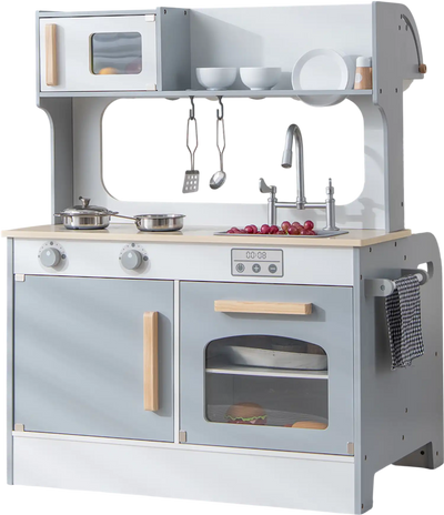 Costway Double-Sided Kids Pretend Kitchen Playset 2-Seat Cafe Gray 14527893 New