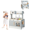 Double-sided kids pretend kitchen playset in gray with oven, microwave, and cafe seating for imaginative cooking fun.