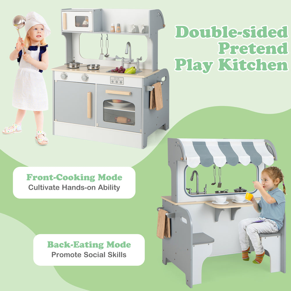 Double-sided kids pretend kitchen playset in gray with cooking and eating modes, promoting creativity and social skills.
