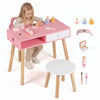 Kids pretend nail salon playset with pink desk, wooden legs, and accessories for imaginative play and storage.