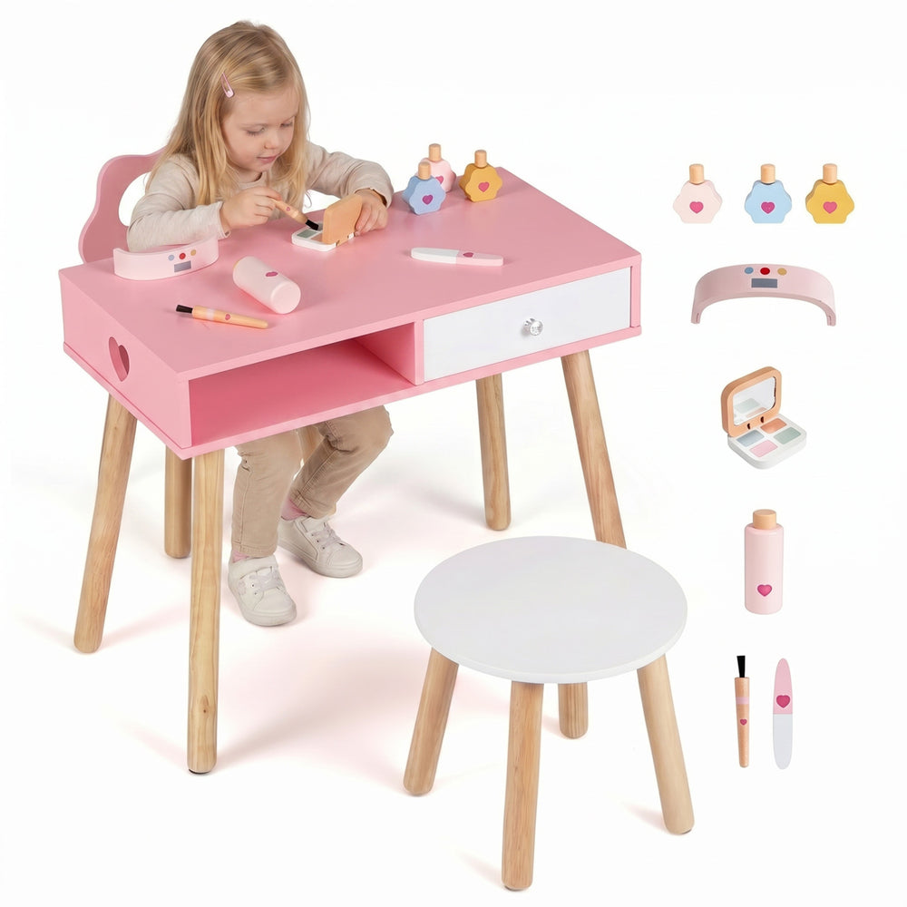 Kids pretend nail salon playset with pink desk, wooden legs, and accessories for imaginative play and storage.
