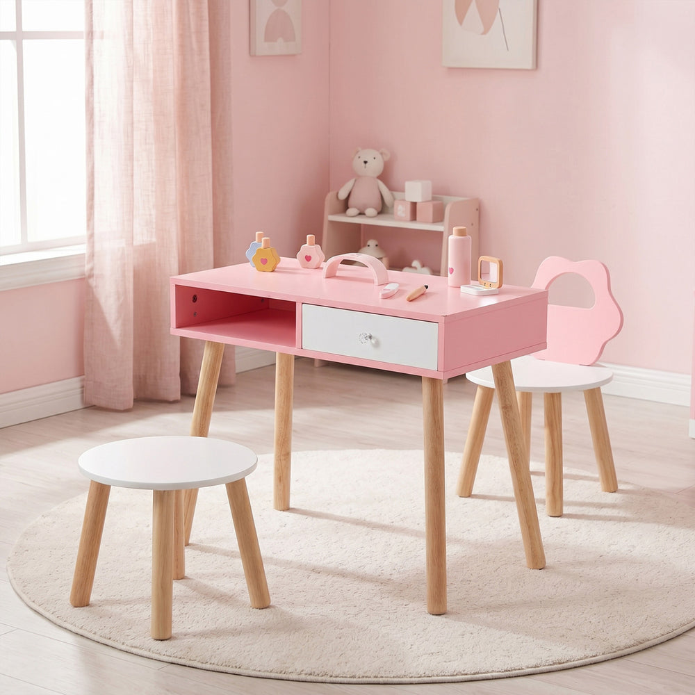 Kids pretend nail salon playset in pink with wooden legs, featuring a desk, drawer, and two stools for creative play.