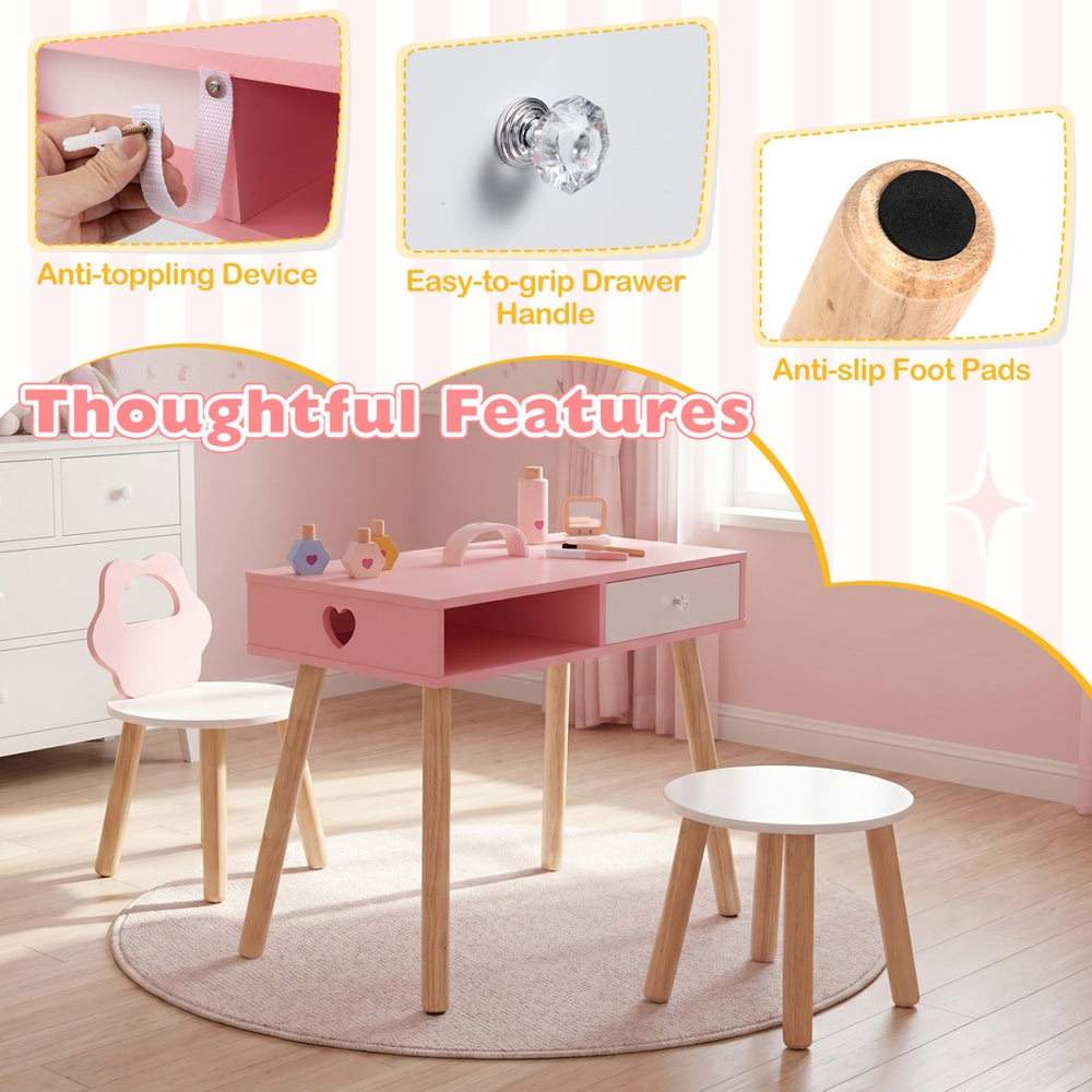 Kids pretend nail salon playset with pink table, drawer, and solid wood legs, ideal for toddlers' creative play.