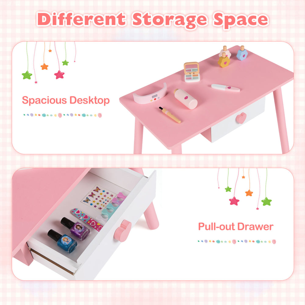 Kids pretend nail salon playset in pink featuring a spacious desktop and pull-out drawer for ample storage.