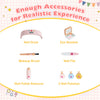 Kids pretend nail salon playset in pink with accessories like nail dryer, polishes, and makeup brush for imaginative play.