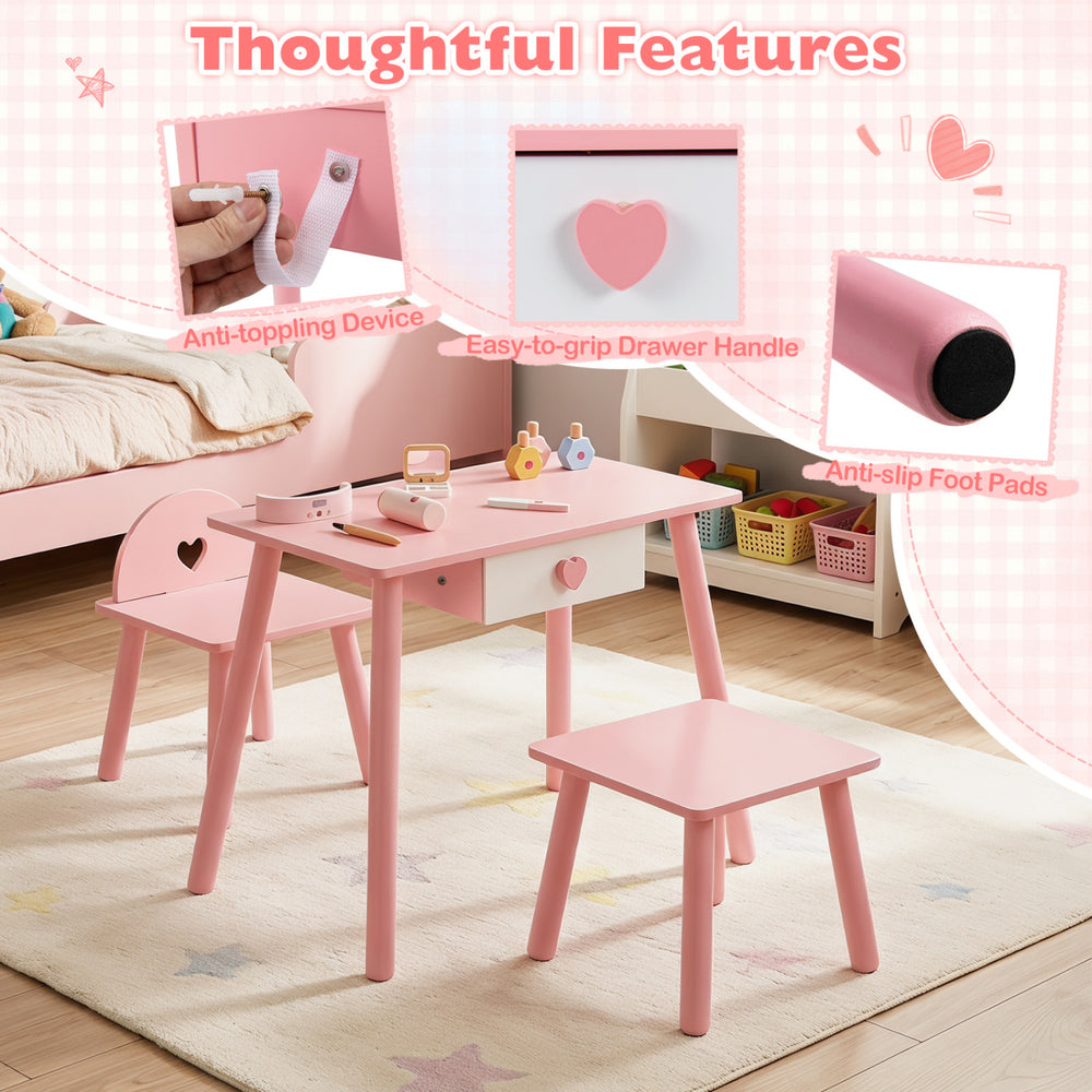 Kids pink nail salon playset with solid wood legs, anti-toppling device, and non-slip foot pads for stability.