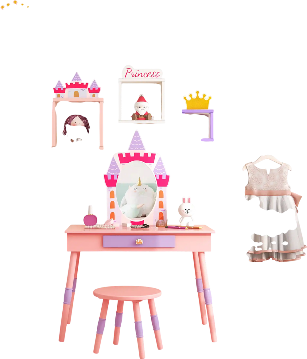 Kids princess vanity table and stool set in pink with castle theme, mirror, and large drawer for organized play.