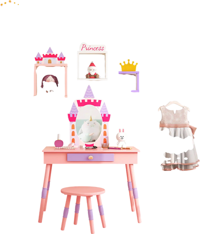 Costway Kids Princess Vanity Table Stool Set Mirror Drawer Pink 48673529 New